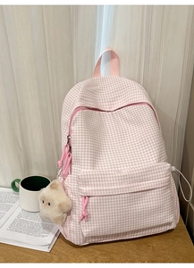 Sac à dos en toile à carreaux rose et blanc avec charmant pendentif étoile en peluche