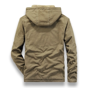 Detailed back view of a men's brown corduroy jacket with a warm beige fleece hood lining