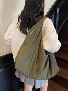 Olive green large capacity nylon tote bag in crescent shape for daily commuting
