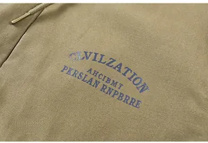 Detailed view of the heavy cotton twill fabric with bold blue civilization print