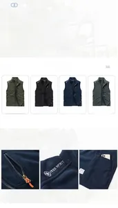 Detail of fleece vest showing high collar, chest zipper pocket, and embroidery texture