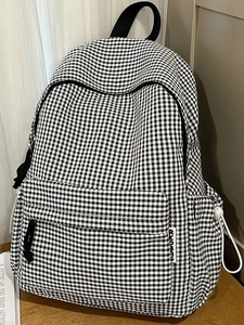 Sac à Dos Scolaire à Carreaux pour Filles en Nylon Imperméable Gingham Grand Sac à Dos Voyage Étudiant Avec Pendentif Peluche