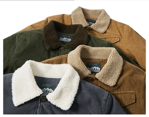 Detail of corduroy jackets in multiple colors with soft sherpa fleece collars and buttons