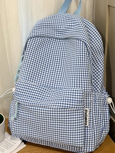 Sac à dos à carreaux vichy bleu et blanc pour étudiantes avec grande poche avant et logo