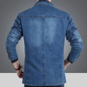 Vue arrière du blazer en jean bleu foncé pour homme avec patchs coudes et effet délavé