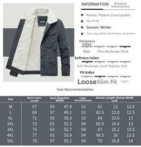 Detailed size chart for men's winter corduroy jacket with fleece lining from M to 5XL