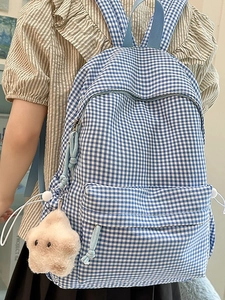 Sac à dos d'école à carreaux bleus et blancs avec pendentif étoile pour étudiante
