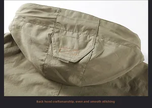 Detailed close-up of the hood stitching and windproof fabric on this men's utility jacket