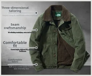 Detail of dark green corduroy jacket with brown sherpa collar and button closure