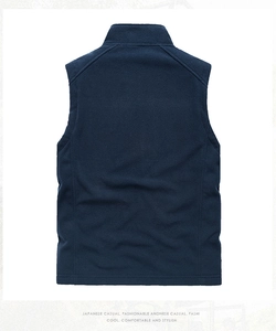 Rear view detail of navy blue fleece vest showing shoulder stitching and stand collar