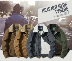 Detail of winter corduroy jackets showing fleece lining and multiple color options