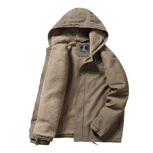 Men's khaki sherpa-lined hooded parka with drawstrings and civilization print