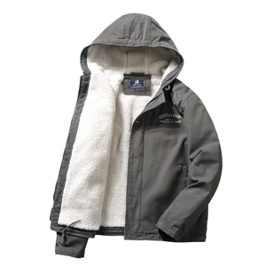 Men's winter heavy deck jacket in dark grey with warm fleece lining and hood