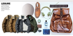 Flat lay of men corduroy jackets with fleece collar and travel lifestyle accessories