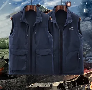 Detail of navy blue reversible fleece vest with outdoor pockets and high standing collar
