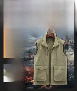 Detail of khaki outdoor fleece vest with multi-pocket design and standing collar for men