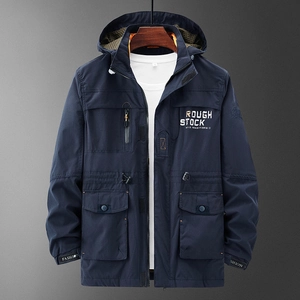 Men's loose hooded cargo jacket in navy blue with adjustable drawstring and tactical pockets