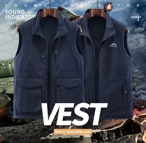 Detail of reversible fleece vest with multi-pockets and outdoor embroidery for men
