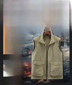 Detail of a khaki double-sided polar fleece vest with standing collar and large pockets