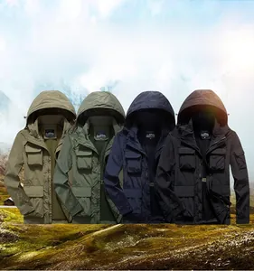 Waterproof outdoor jackets for men in four colors with multiple cargo pockets and hoods