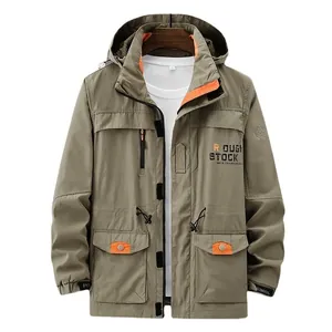 Men's khaki outdoor hooded utility cargo jacket with orange contrast details and drawstrings