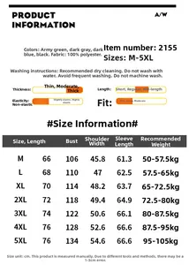 Size chart for men's fleece jacket showing dimensions and material specifications