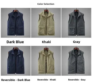 Men's reversible fleece vest showing blue, khaki, and gray colors with tactical pockets