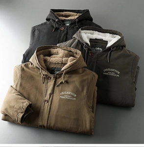 Detailed view of the thick fleece lining and button closure on hooded utility jackets