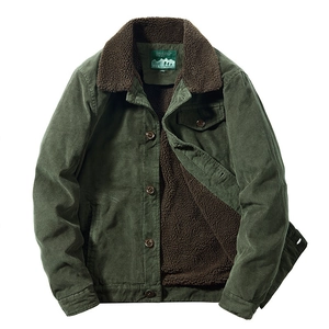 Men's retro dark green corduroy jacket with warm brown faux shearling collar and lining