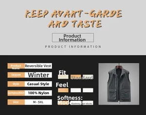 Detailed size chart and dark grey double-sided polar fleece vest for men's winter wear