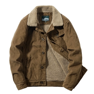 Men's retro brown corduroy winter jacket with warm sherpa fleece lining and collar