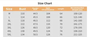 Detailed size chart for fleece vest including bust and weight from sizes M to 5XL