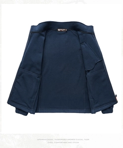 Close-up of thick navy fleece jacket with premium stitching and elastic hem detail