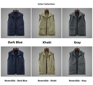 Detail view of reversible polar fleece vest in blue, khaki and gray with outdoor design