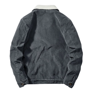 Back view of men's dark gray corduroy jacket with white sherpa fleece collar detail