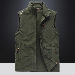 Army green fleece vest for men with full zipper, stand collar and chest pockets