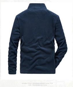 Macro back view of men's navy blue fleece jacket showing stand collar and raglan sleeves