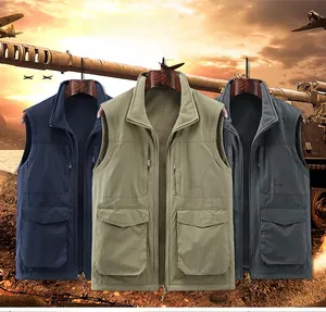 Three colors of men's multi-pocket outdoor vests in navy, khaki, and dark grey