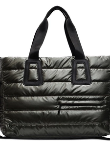 Sac fourre-tout matelassé vert foncé métallique avec larges poignées noires et poche zippée