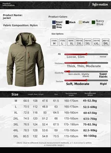 Detailed size guide table and fabric specifications for men's outdoor mountain jacket