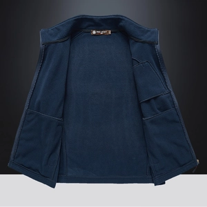 Men's navy blue fleece vest with full zipper and interior pockets for outdoor warmth