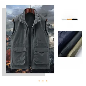 Detail view of men's quick-dry fleece vest showing outdoor zipper pockets and stand collar