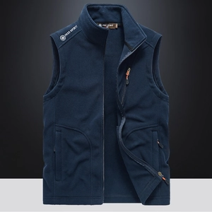 Men's dark blue fleece vest with stand collar and zipper pockets for outdoor wear