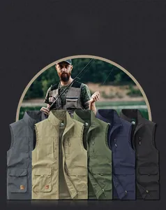 Detail view of multi-pocket fishing vest with breathable mesh lining in five color options