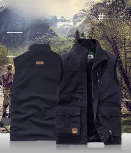 Detail of multi-pocket outdoor vest featuring stand collar and back classic logo