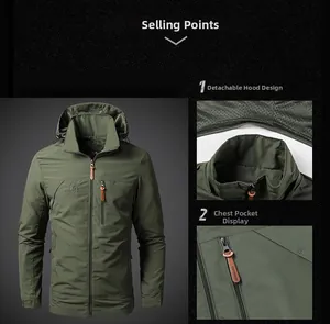 Detail view of military green jacket with detachable hood and zippered chest pocket
