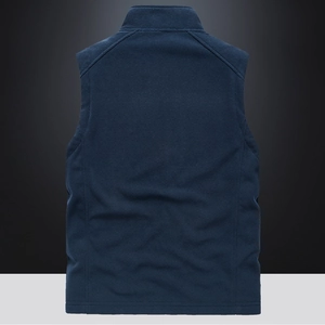 Back view of men's dark blue polar fleece vest with stand collar and outdoor design