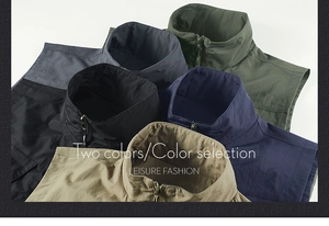 Detail view of multi-color stand-up collar zippers for men's outdoor casual fishing vests