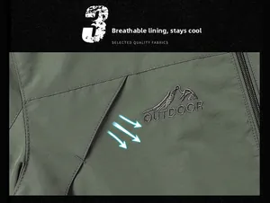 Detail of army green outdoor jacket featuring mountain embroidery and zipper pocket