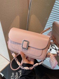 Pink minimalist crossbody bag with crocodile pattern leather and silver hardware